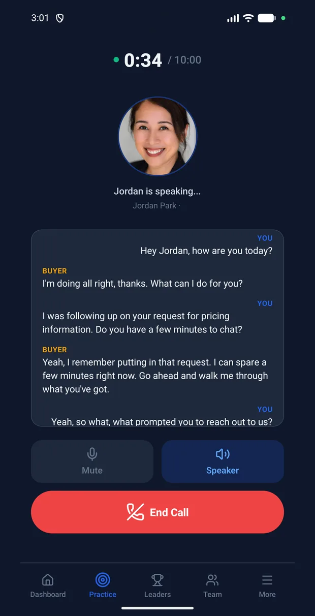 A live practice call with an AI buyer in the RolePractice mobile app