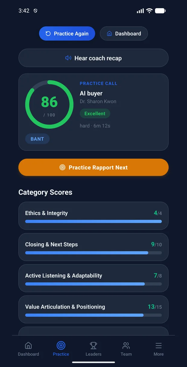 The post-call scorecard in the RolePractice mobile app